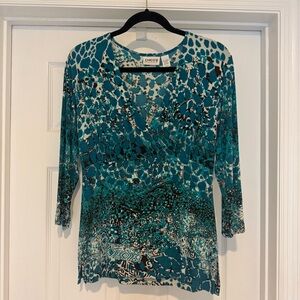 Chico's Turquoise/teal, Cream and Black Patterned Blouse 3/4 sleeve